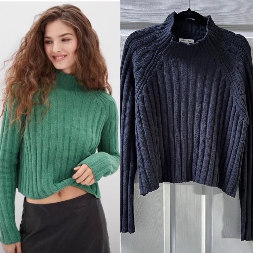 NWT American Eagle AE Aerie Snowsoft Mock Neck Crop Sweater in Navy Size Large